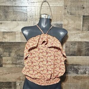 New Cozy Casual Green Floral Halter Ruffle Top